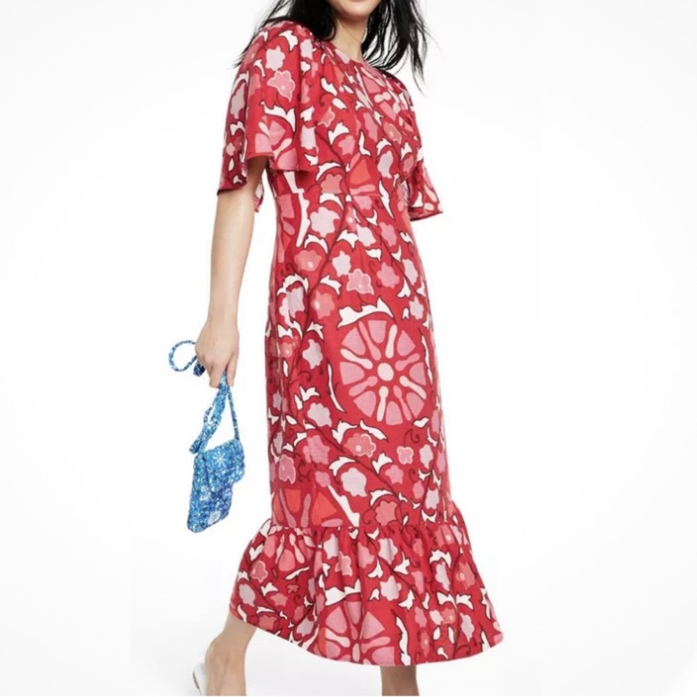 RHODE Red and Pink Floral Ruffle-Hem Midi Dress